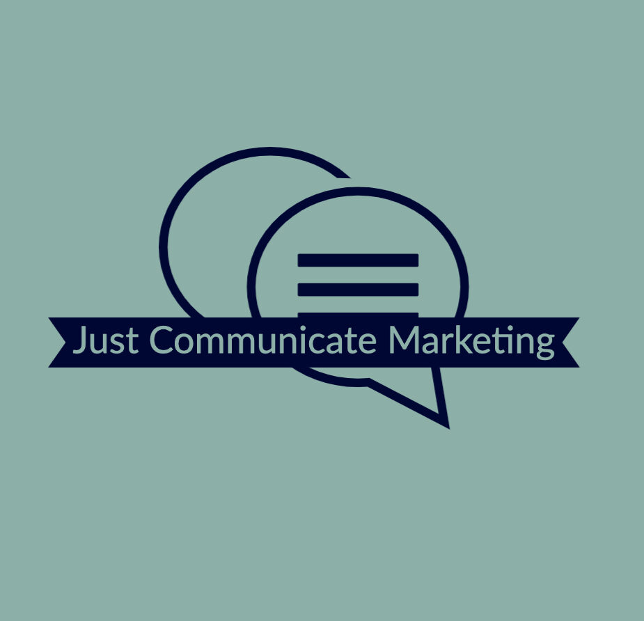 Just Communicate Marketing in a banner centered over two speech bubbles.
